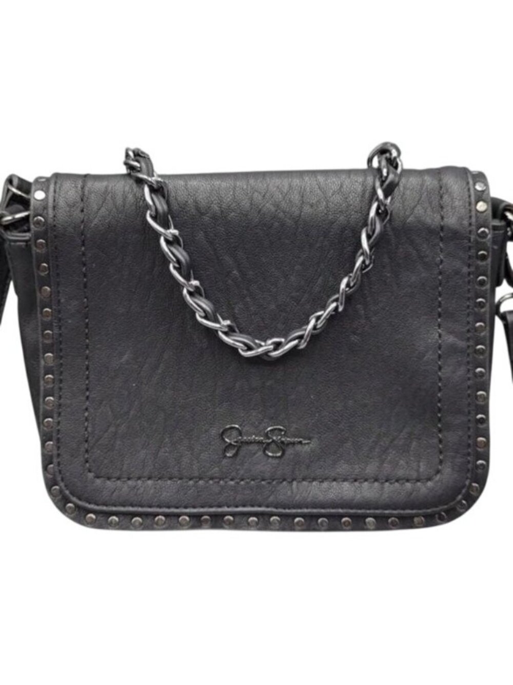 Jessica Simpson Misha Black Vegan Leather Flap Messenger Bag with gunmetal chain